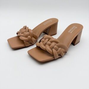 Call It Spring Celiina Braided Block Heel Mule Sandals Square Toe Dark Tan 6 NEW